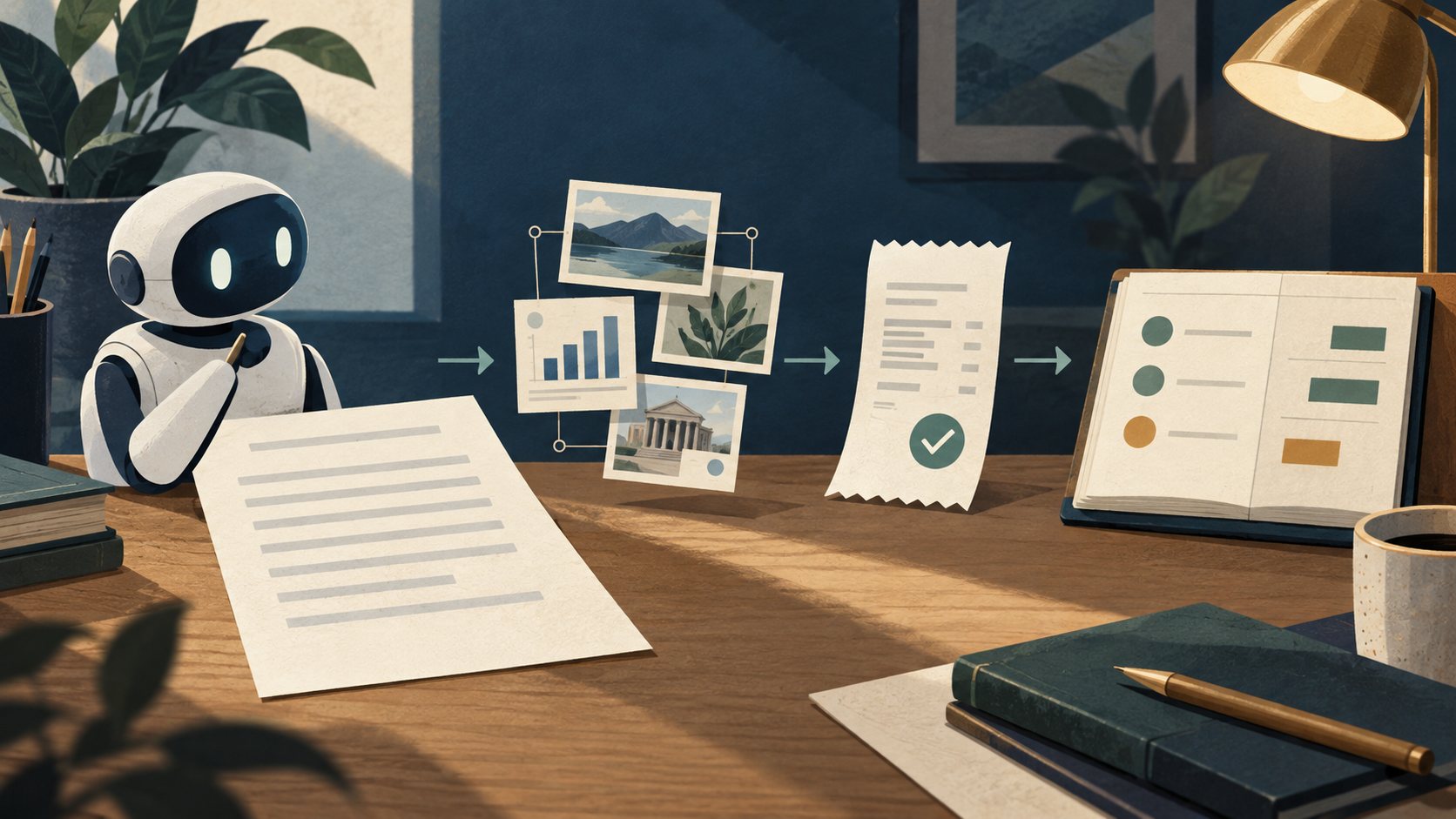 A calm editorial illustration of an AI agent checking a draft against evidence and a receipt