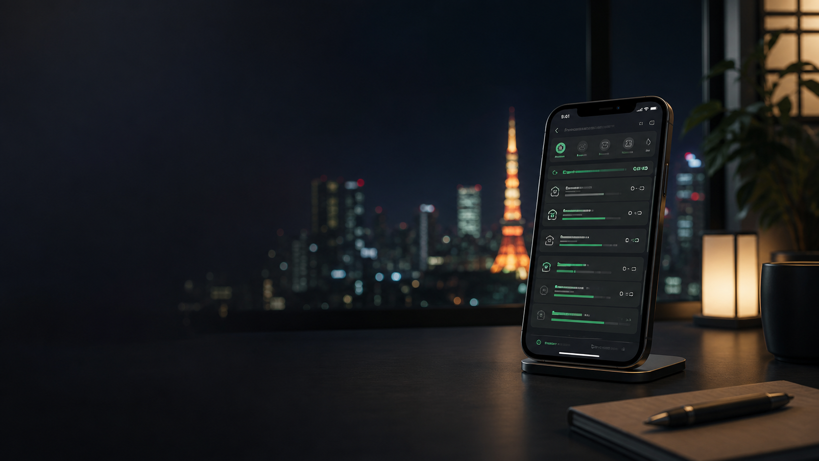 東京の夜景を背景に、AI開発のRemote接続を示すiPhone
