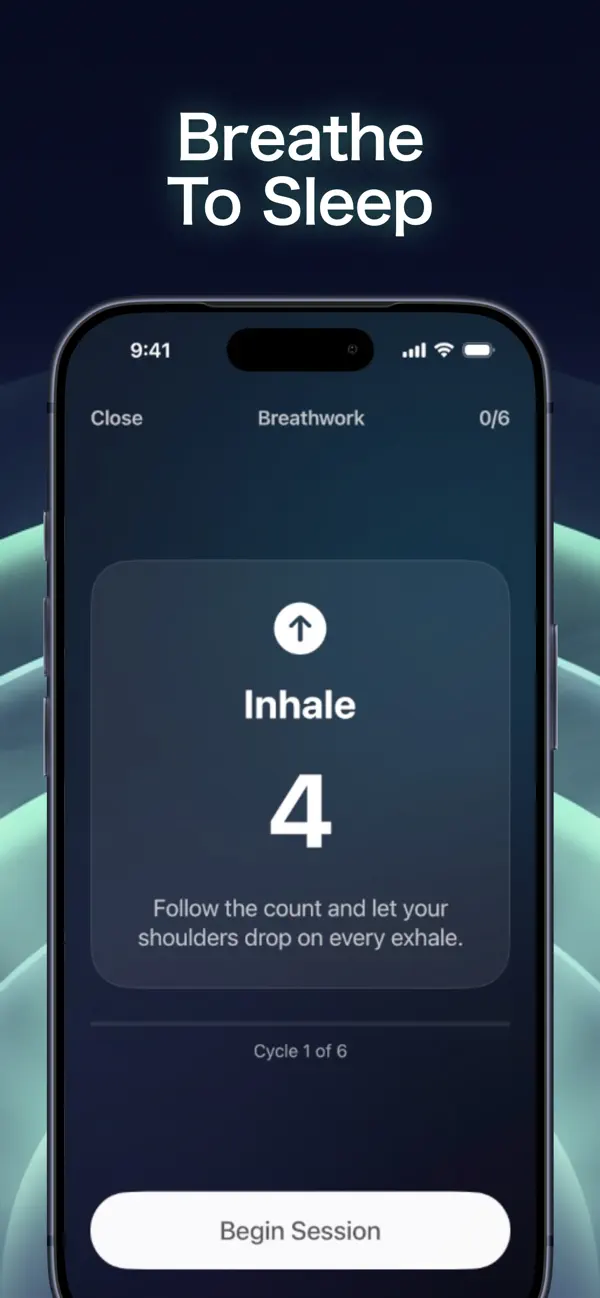 Sleep Reset guided breathwork screen with an inhale count, cycle indicator and Begin Session button.