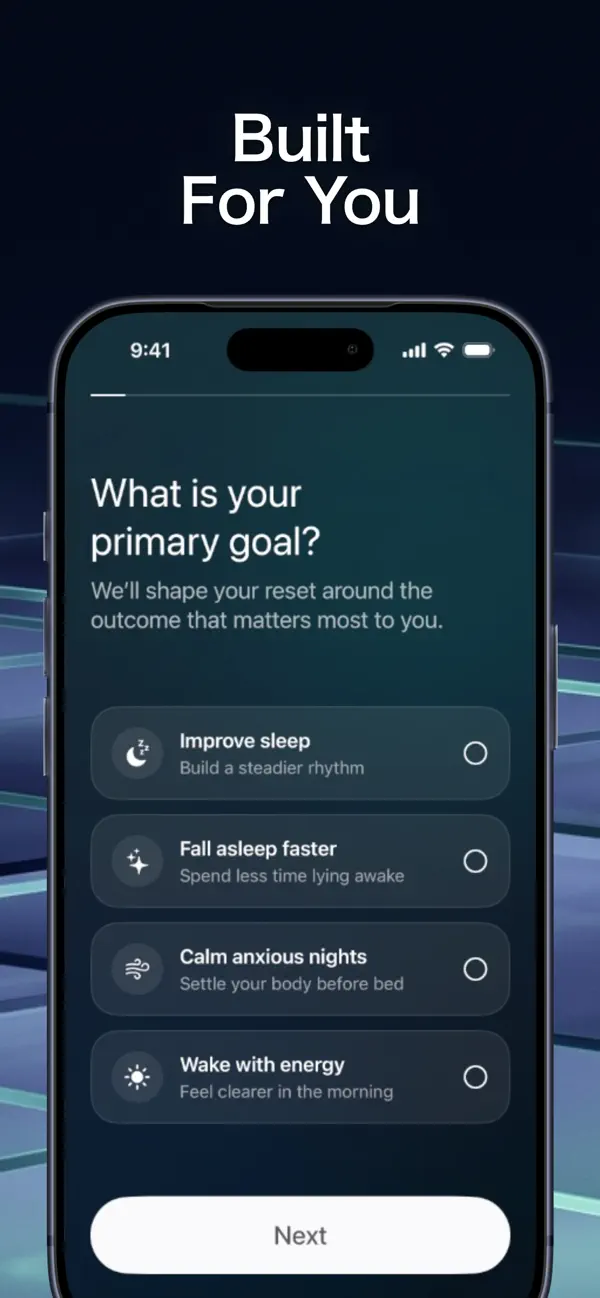 Sleep Reset onboarding screen asking the user to choose a primary goal.
